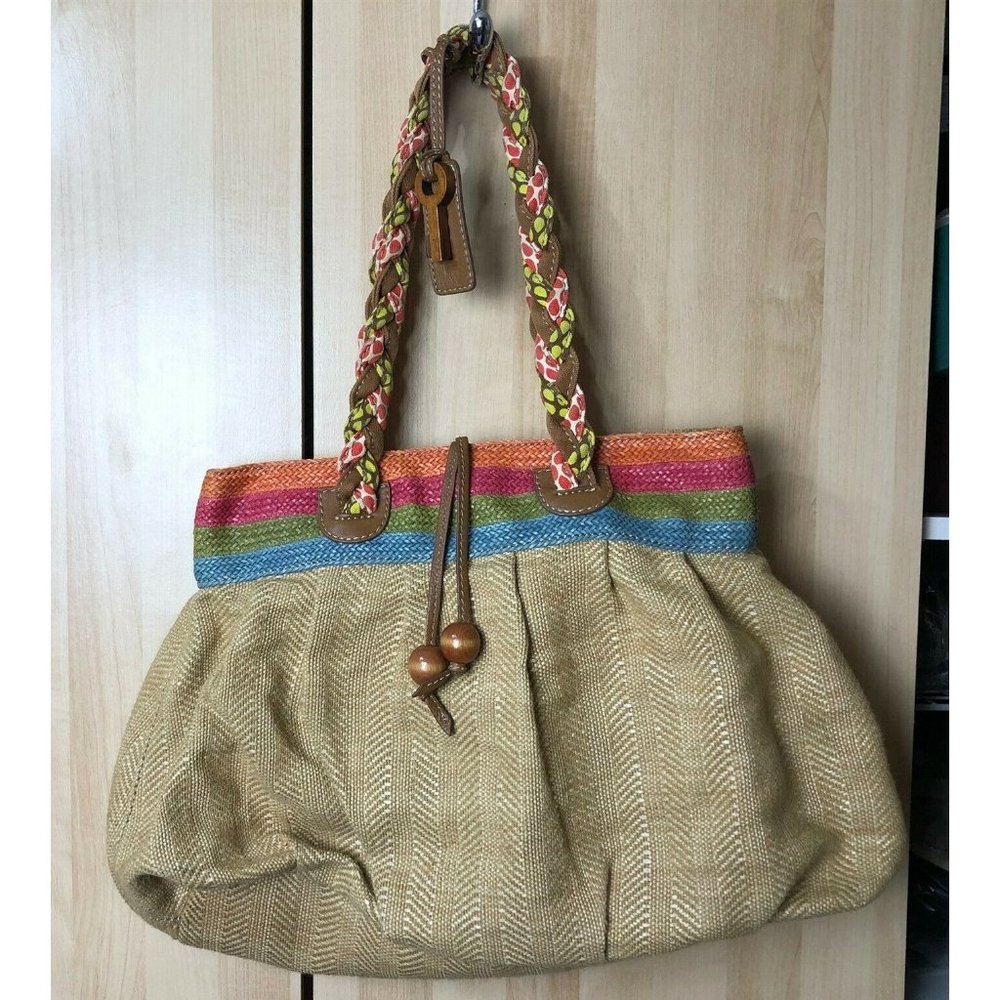 Fossil Multicolor Straw Tote with Pink, Green, Blue & Tan Accents